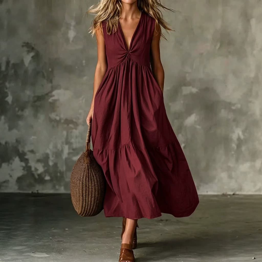Novo elegante estilo Casual com decote em V costura plissado sem mangas vestido colete com bolsos