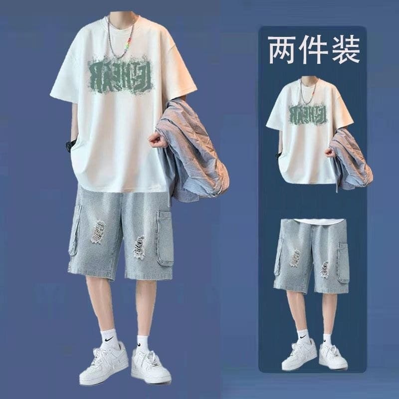 T na moda camiseta masculina de manga curta combinando Shorts jeans meninos bonito conjunto Casual terno estilo namorado