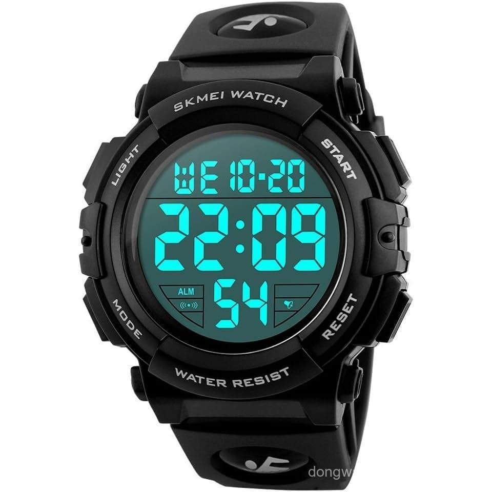 Relógio masculino, mostrador grande, à prova d'água, display LED, funções de temporizador e alarme.