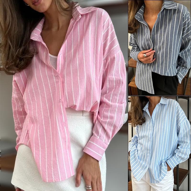 Outono inverno novo estilo senhoras listrado camisa de manga comprida solta cardigan camisa estilo cardigan jaqueta All-
