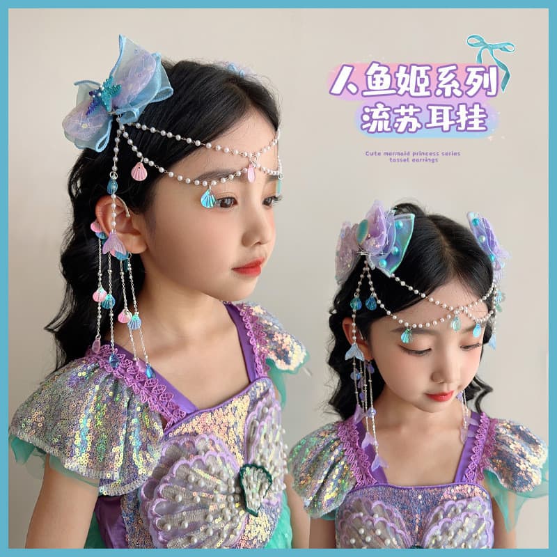 Corrente de Cabelo com Pérolas de Sereia para Crianças, Presilha de Cabelo com Laço de Pérolas e Borlas para Meninas, Ac