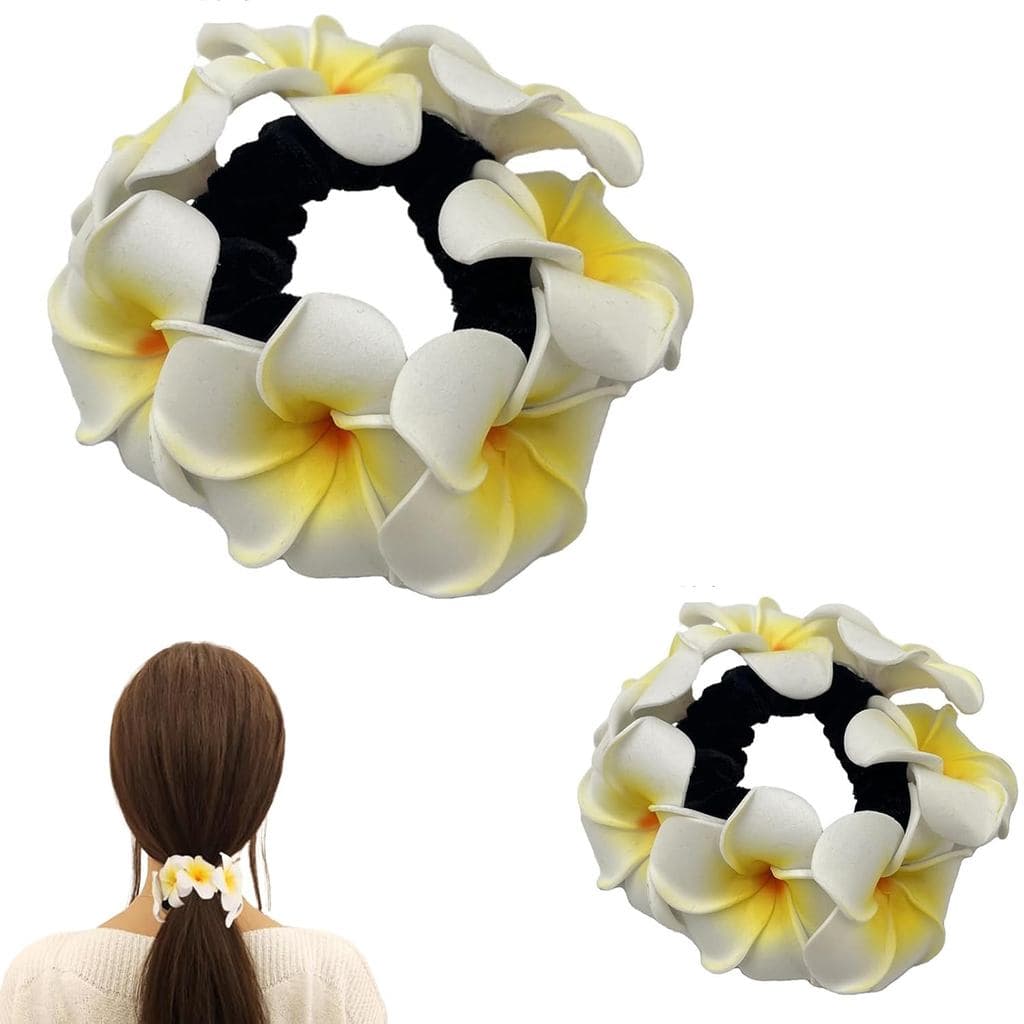 2 peças de elásticos de cabelo com flores de plumeria, cordas de cabelo havaianas, elásticos florais para rabo de cavalo