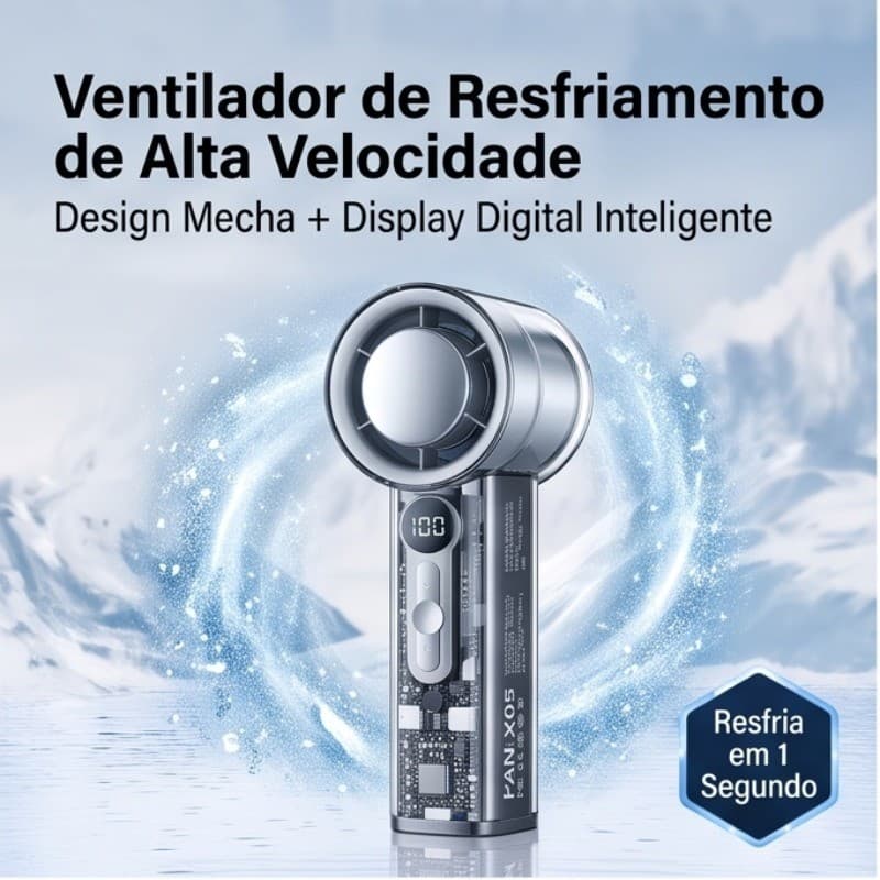 Ventilador Portátil de Resfriamento com Display Digital - Design Mecha Transparente