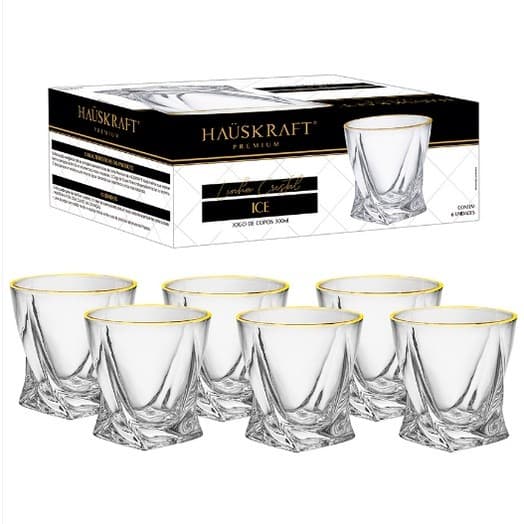 Copo Baixo Ice 300ML Jogo Com 6 Peças Com Fio De Ouro