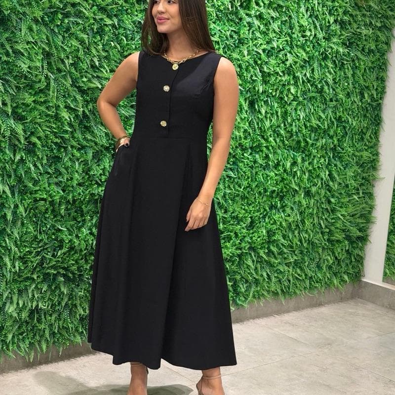 Vestido Feminino Midi Crepe Botões Dourados Alça Larga Elegante Festa Casamento Trabalho - Vitória