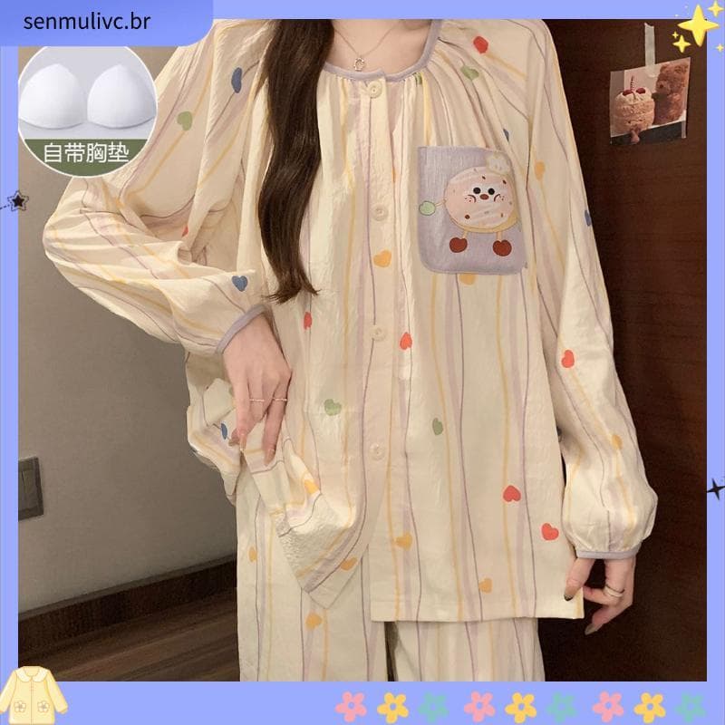 Nuvem algodão primavera outono com almofada no peito pijamas feminino doce dos desenhos animados Cardigan senhoras pijam