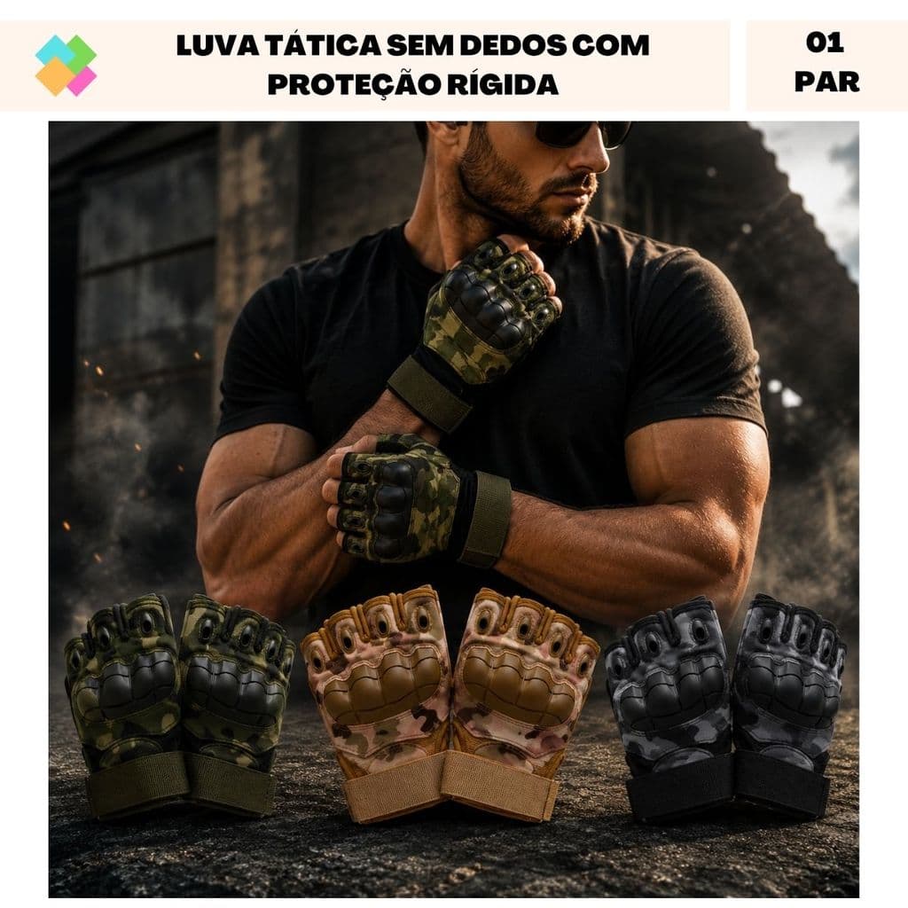 Luva Tática Sem Dedos Com Proteção Rígida Unissex (1 Par)