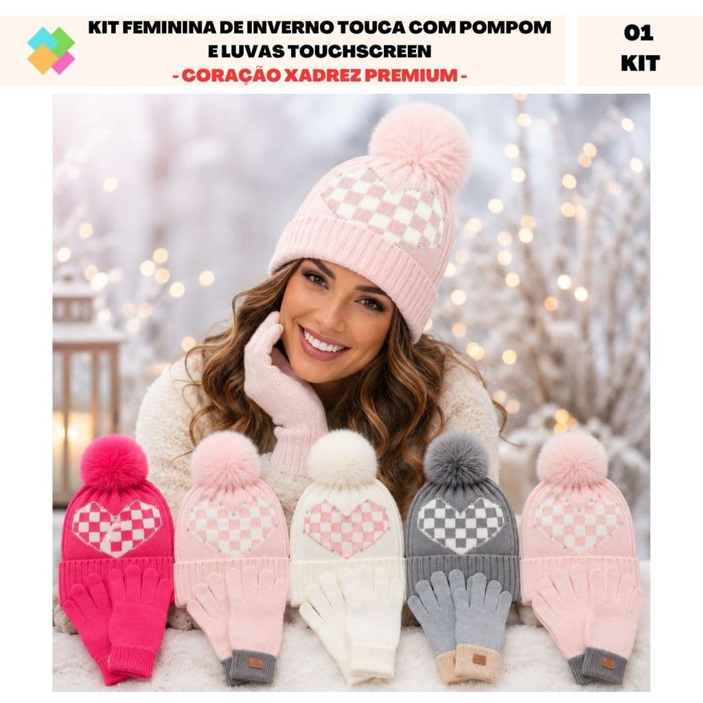 Kit Feminina de Inverno - Touca com Pompom e Luvas Touchscreen Coração Xadrez Premium (1 Kit)