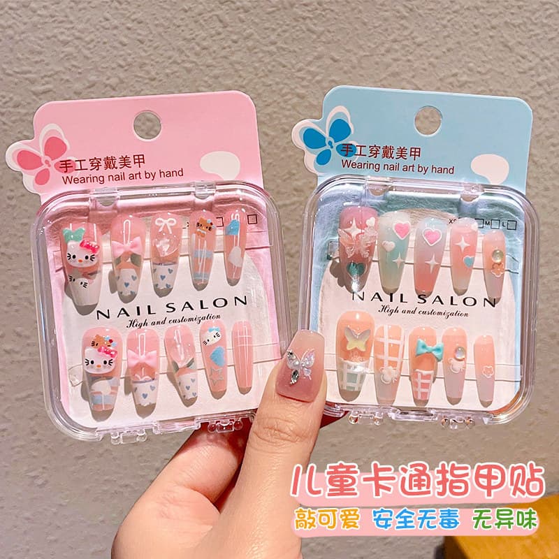 Crianças vestindo unhas meninas adesivos de unhas 2026 novo estilo High-End longo adesivos de unhas geléia cola peças de