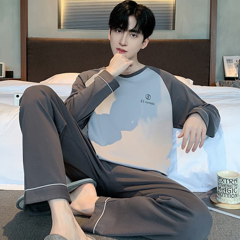 Pijamas masculinos primavera outono manga comprida puro algodão solto Loungewear estilo fino Extra grande mais gordura t