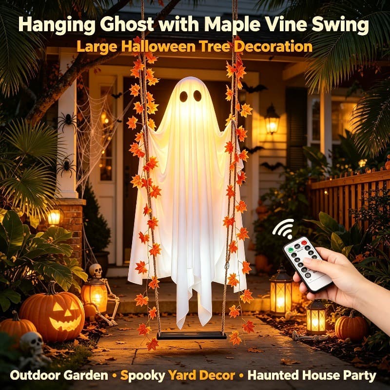 Fantasma Suspenso Gigante Com Balanço De Videira De Outono , Ornamento Assustador De Halloween Ao Ar Livre Para Árvores