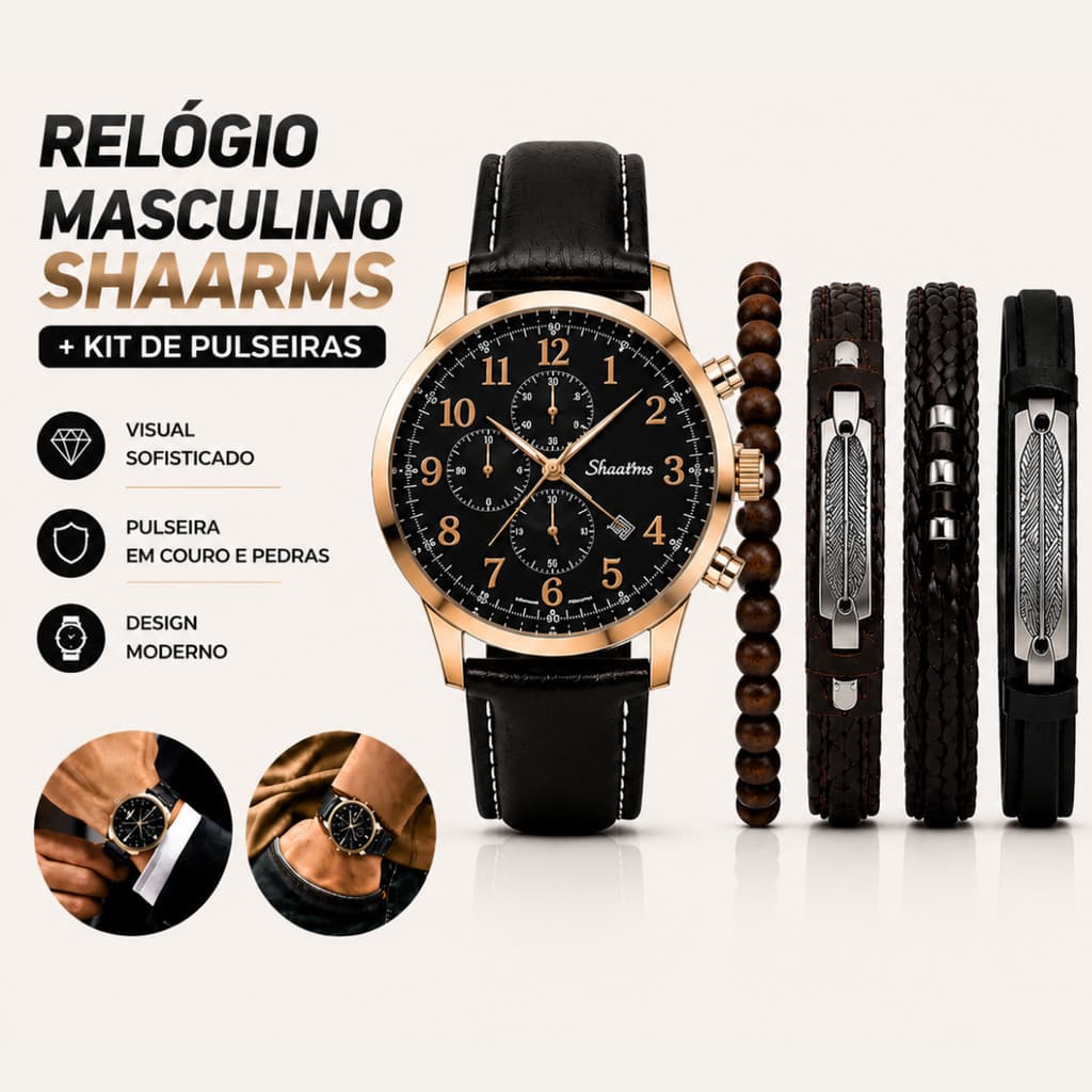 Relógio Masculino com Pulseiras de Couro Vintage Quartzo Casual Elegante