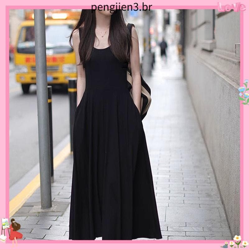 2025 verão novo estilo High-End sentimento temperamento francês preto colete estilingue vestido cintura estreita mais ma