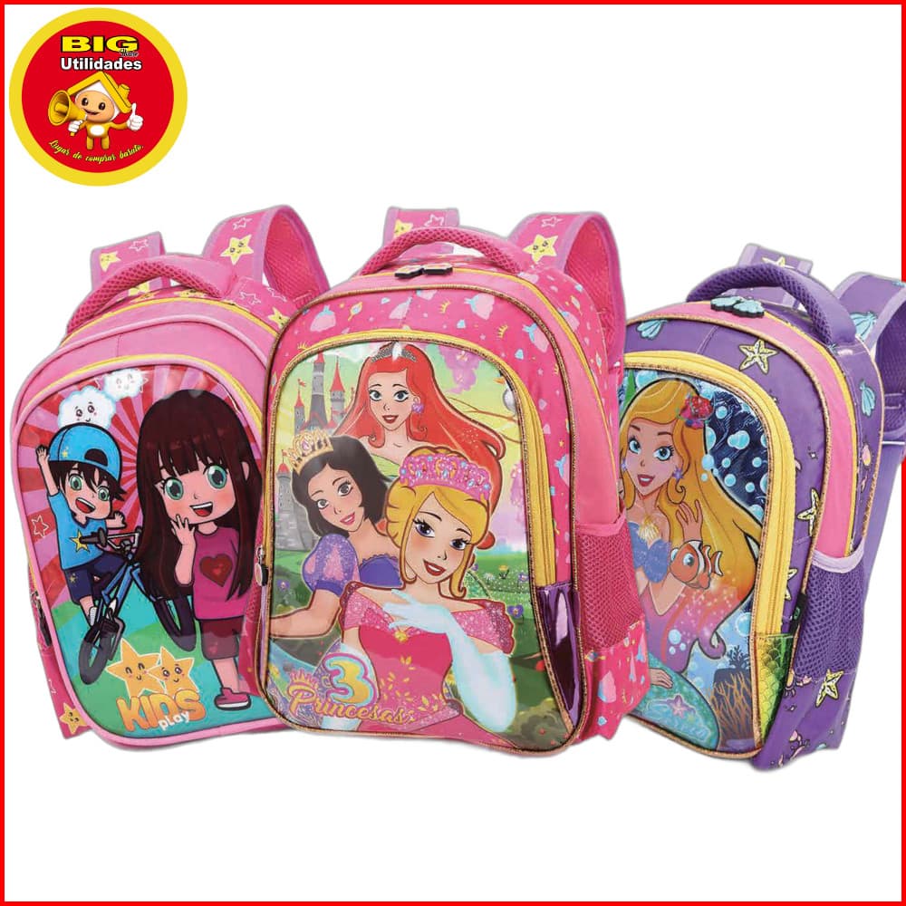 Mochila de Costas Feminino Escolar Infantil Resistente Menina Princesa Fashion Sereia
