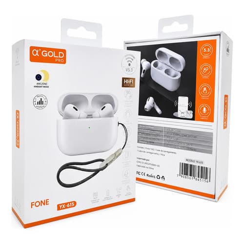 Fone de Ouvido Bluetooth 5.3 Sem Fio TWS, com Microfone Hi-Fi Estéreo Controle Touch Estojo Carregador iOS Android USB-C