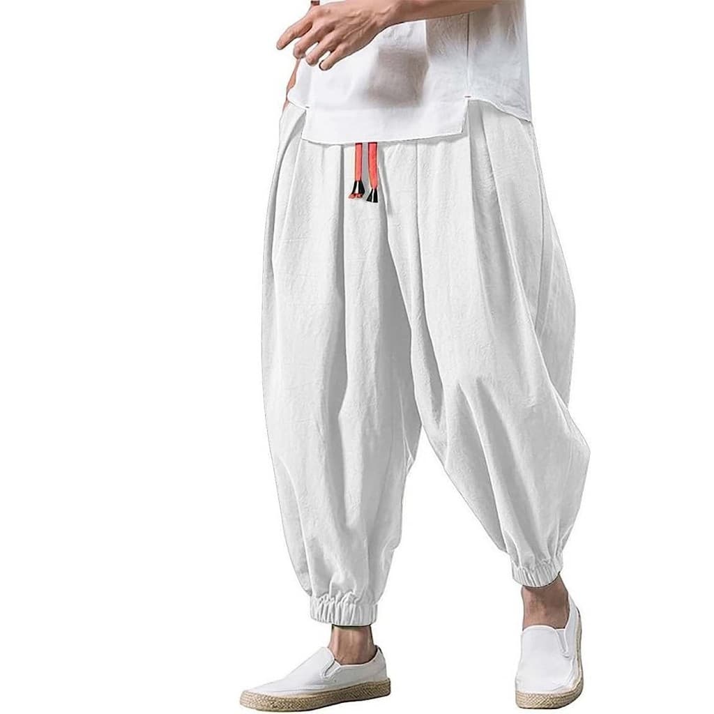 Novas calças masculinas de linho estilo lanterna para o verão, calças jogger soltas de algodão e linho, calças largas da