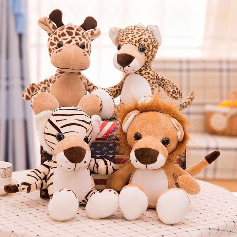 Novo brinquedo de pelúcia de 25cm com animais da floresta, quatro irmãos fofos e macios: leão, tigre, girafa 7CQU