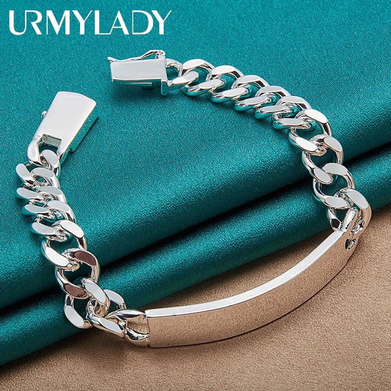 URMYLADY Pulseira de Prata Esterlina 925 com Borda Lisa de 10mm, Bracelete de Noivado, Corrente com Pingentes, Joia de M