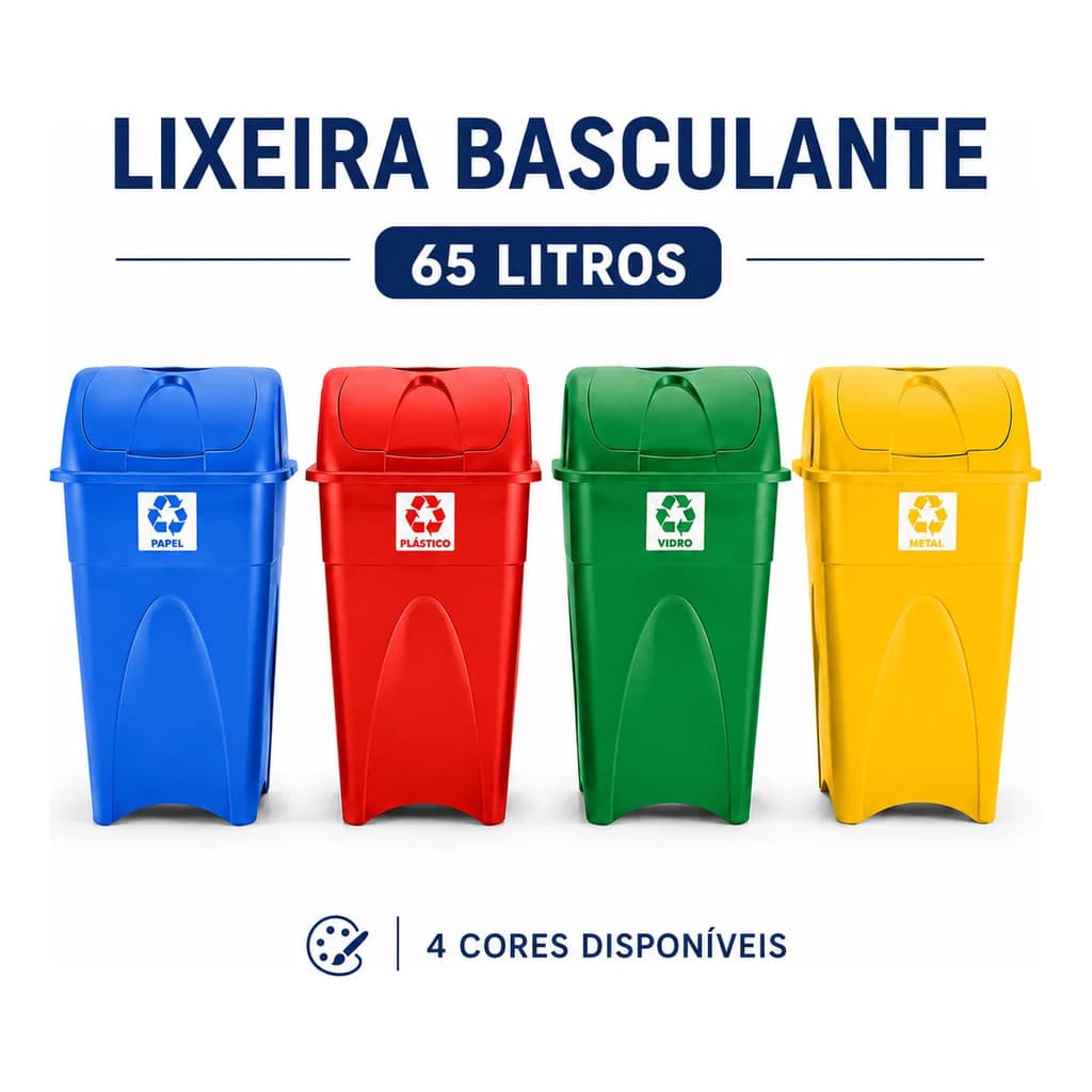 Kit 4 Lixeiras Basculantes 65L Coleta Seletiva Reciclagem Escola Condomínio Empresa Hospital Comércio Tampa Basculante