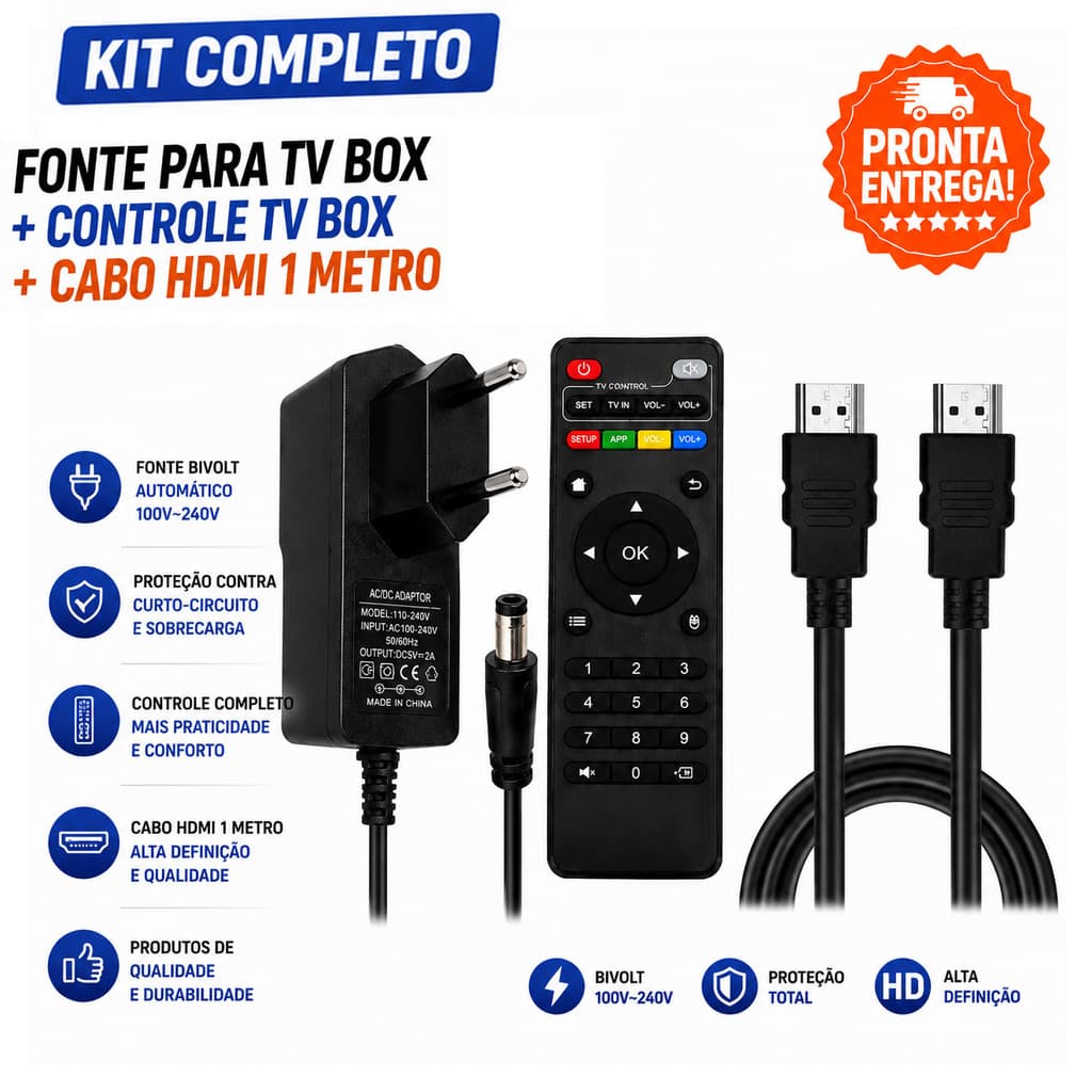 Kit Smart Box Fonte 5V 2A Bivolt Automática + Controle Remoto Compatível + Cabo HDMI 1 Metro