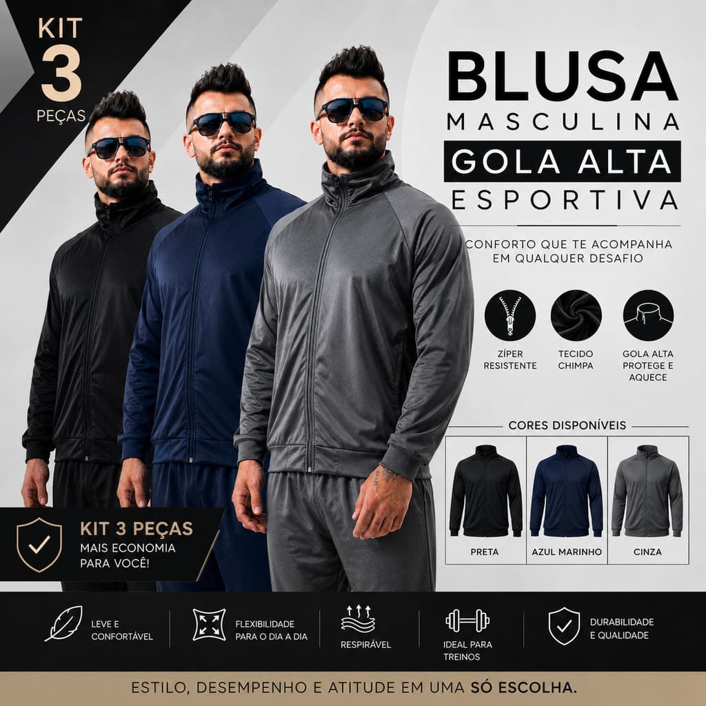 Kit 3 Blusas Jaquetas Gola Alta Esportiva Masculina – Tecido Chimpa | Conforto e Estilo para o Dia a Dia