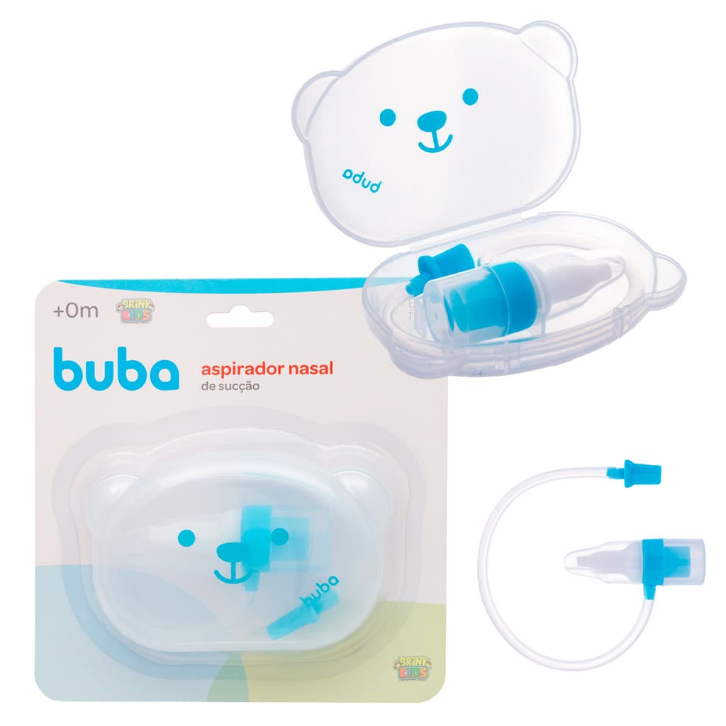 Aspirador Nasal Sucção Para Bebê Infantil Com Estojo Ursinho Nariz Neném Azul Original Buba