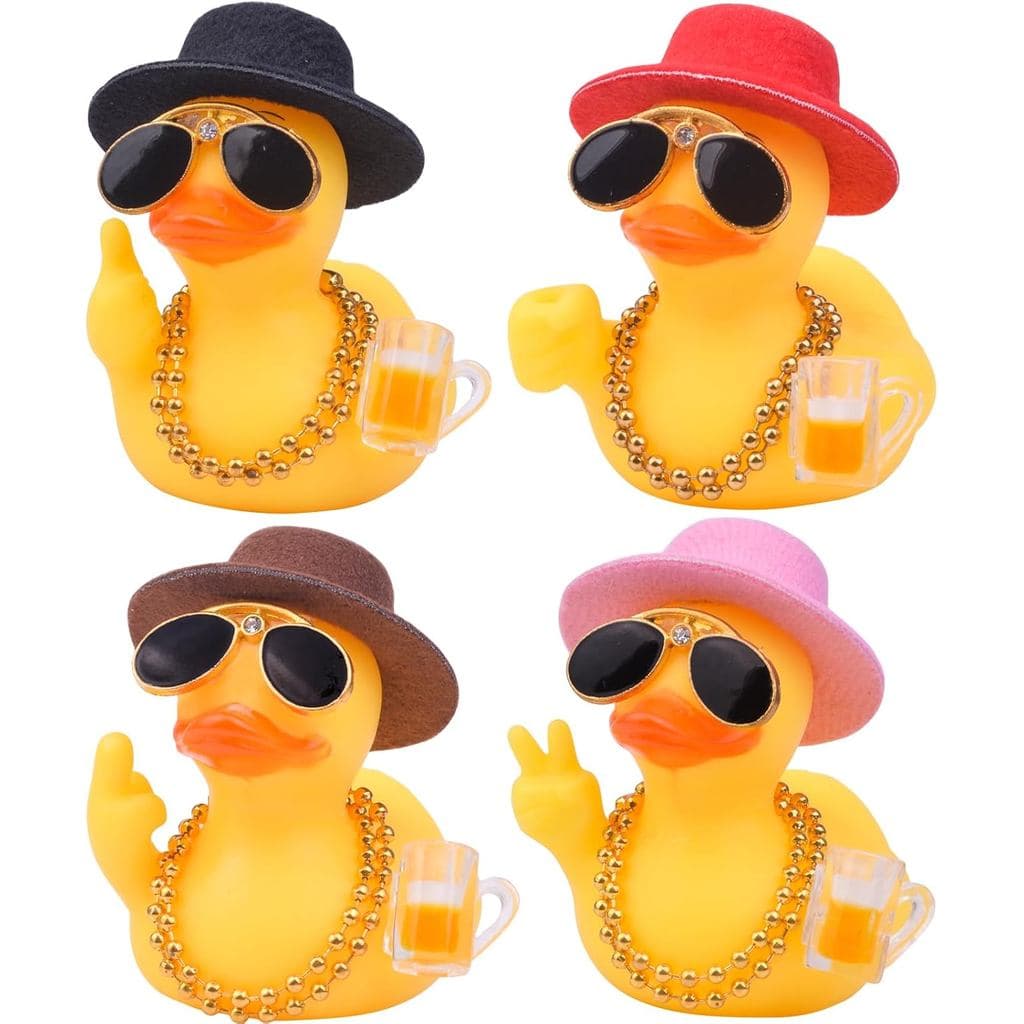 4 Patinhos de Borracha Engraçados para Decoração de Painel, Acessórios Divertidos para Carro com Chapéu, Colar, Óculos d