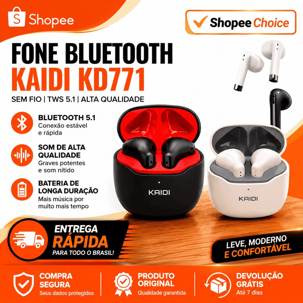 🎧 Fone Bluetooth Kaidi KD-771 Original TWS Sem Fio Bluetooth 5.1 Touch Estojo Carregador Microfone Integrado