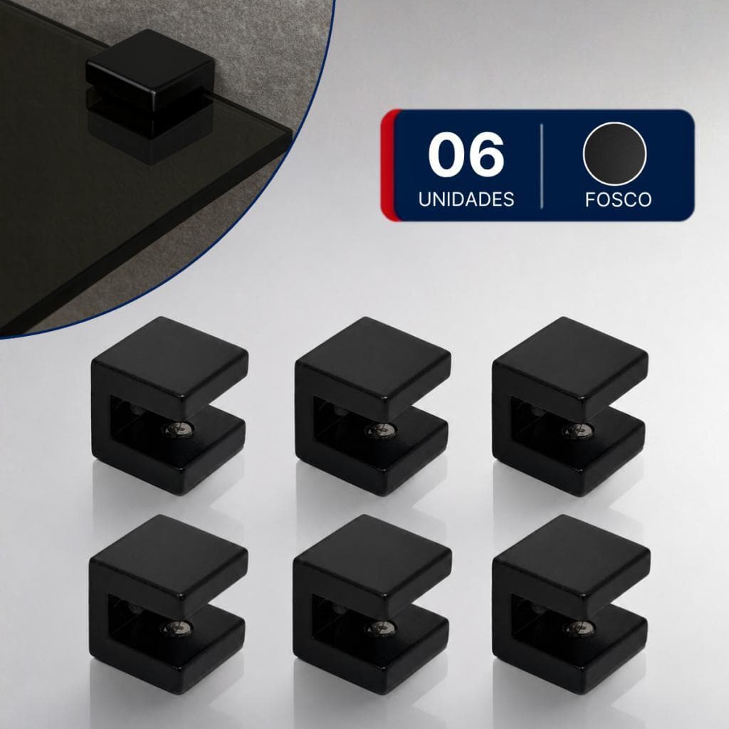 Kit 06 Suportes Fenda Quadrado 1 Furo Para Prateleira de Vidro 6mm em Zamac Preto