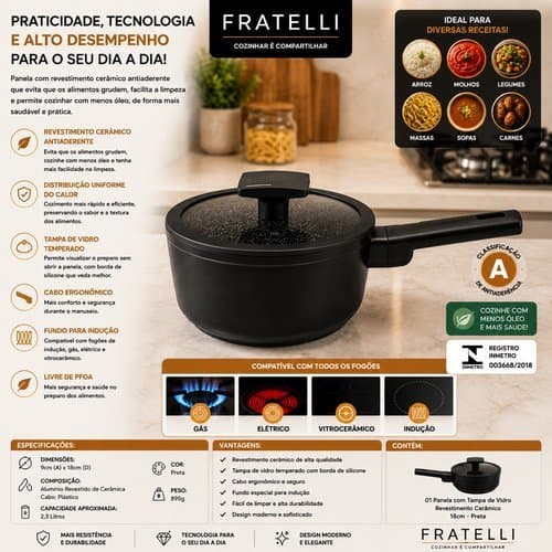 Panela Antiaderente Ceramica Com Tampa De Vidro 18cm Alta Qualidade Duravel Preto