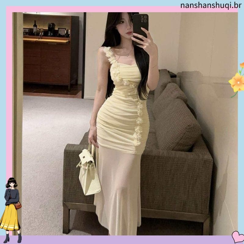 Francês doce idade-reduzindo saia longa Irregular flor costura Design sentir chique bonito gaze estilingue vestido femin