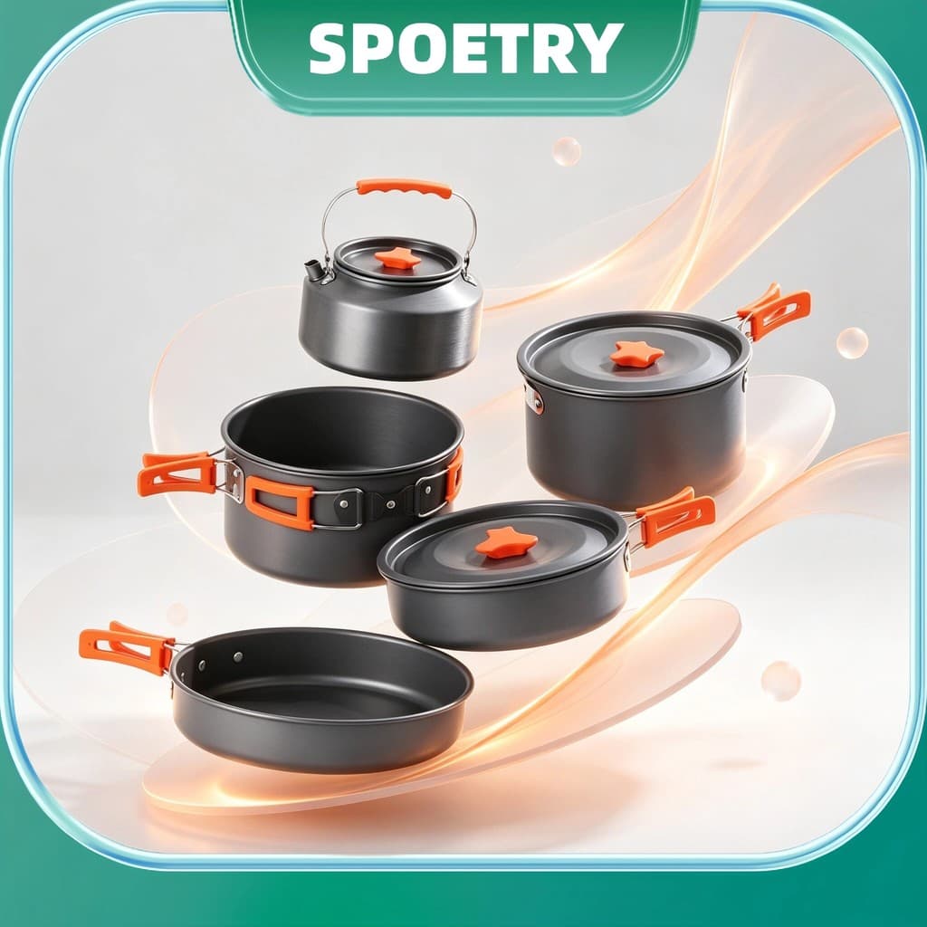 Kit De 5 Peças Cozinha Portátil Para Acampamento Com Fogão Chaleira Frigideira E 2 Panelas Com Tampa Antiaderente