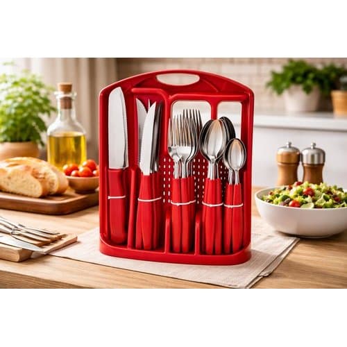Conjunto Talheres 26 Peças Vermelho Utensílios Cozinha Jantar Design Resistente