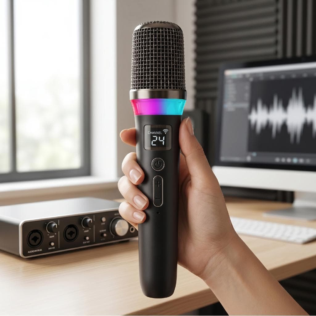 Doplay-BR Microfone sem fio Transmissão 2.4G Microfone dinâmico 5 modos de iluminação 3 efeitos de voz recarregável