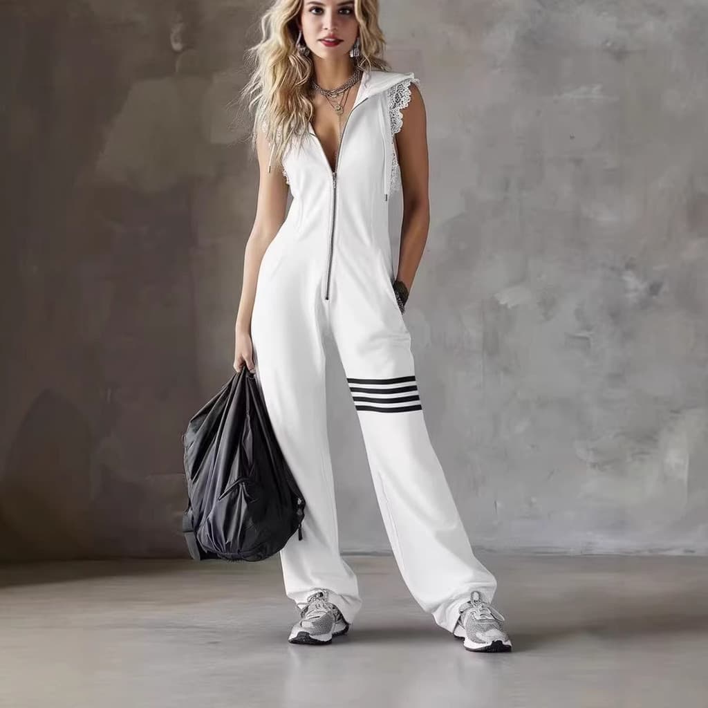 [Novo produto] Macacão feminino esportivo de verão retrô com renda listrada sem mangas com capuz [Venda quente]