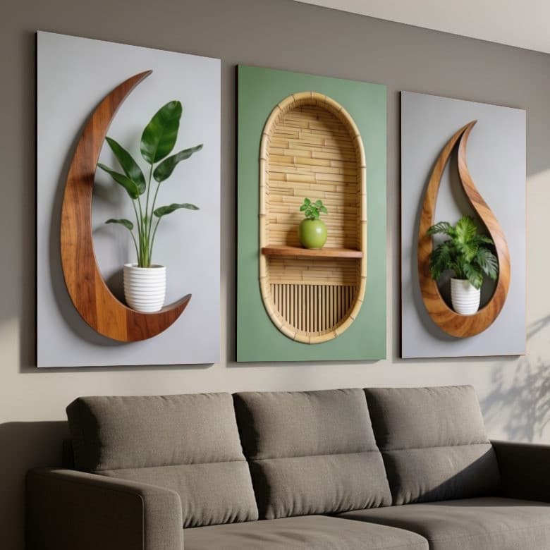 Quadro Decorativo Tríptico Madeira Natural Prateleira 3D Plantas Sala de Estar Arte Moderna Boho 3 Peças