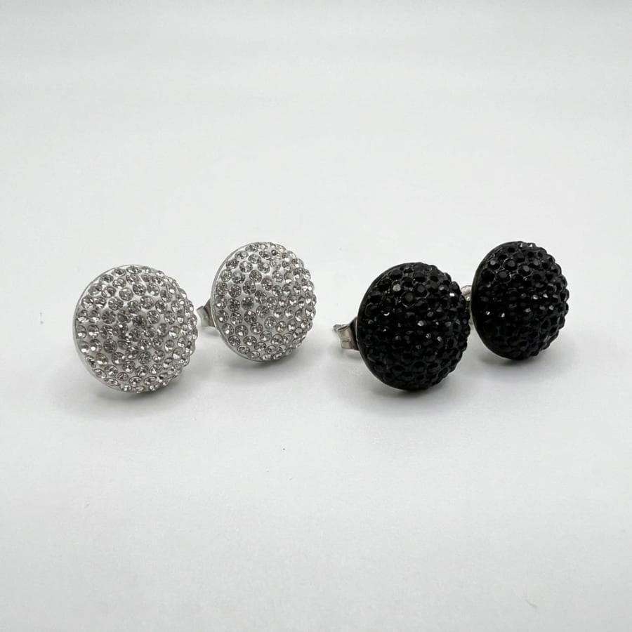 Kit 2 Pares Brincos Cravejada Strass Cristal E Preto | Par De Brinco Redondo