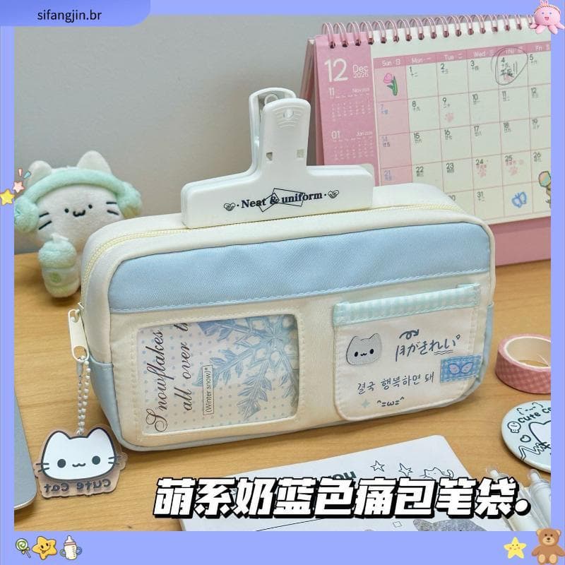 Ins de alto valor série fofa leite branco dentes pequenos bolsa de dor multicamadas estojo de lápis bonito estudante bol