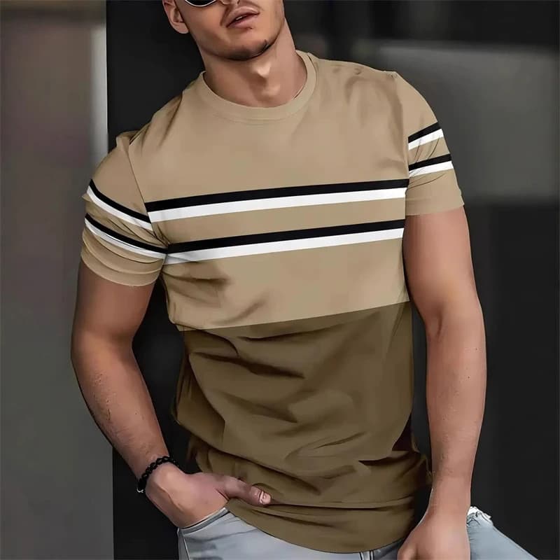2026 Novas Camisetas Gráficas Listradas Para Homens Moda Simples Manga Curta 3D Impresso Soltas Respiráveis Uso Diário T