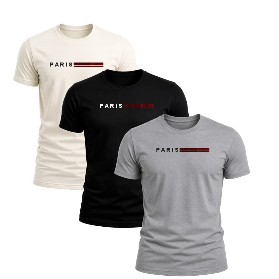 Kit 3 Camisetas Masculinas Paris Algodão Premium Básica Casual Streetwear Manga Curta Confortável