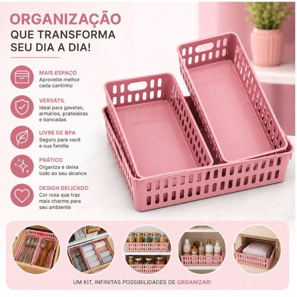 Kit 3 Cestos Organizadores Rosa Multiuso Modular Guarda Roupa Gaveta Armario Cozinha Prateleira Infantil Decorativo