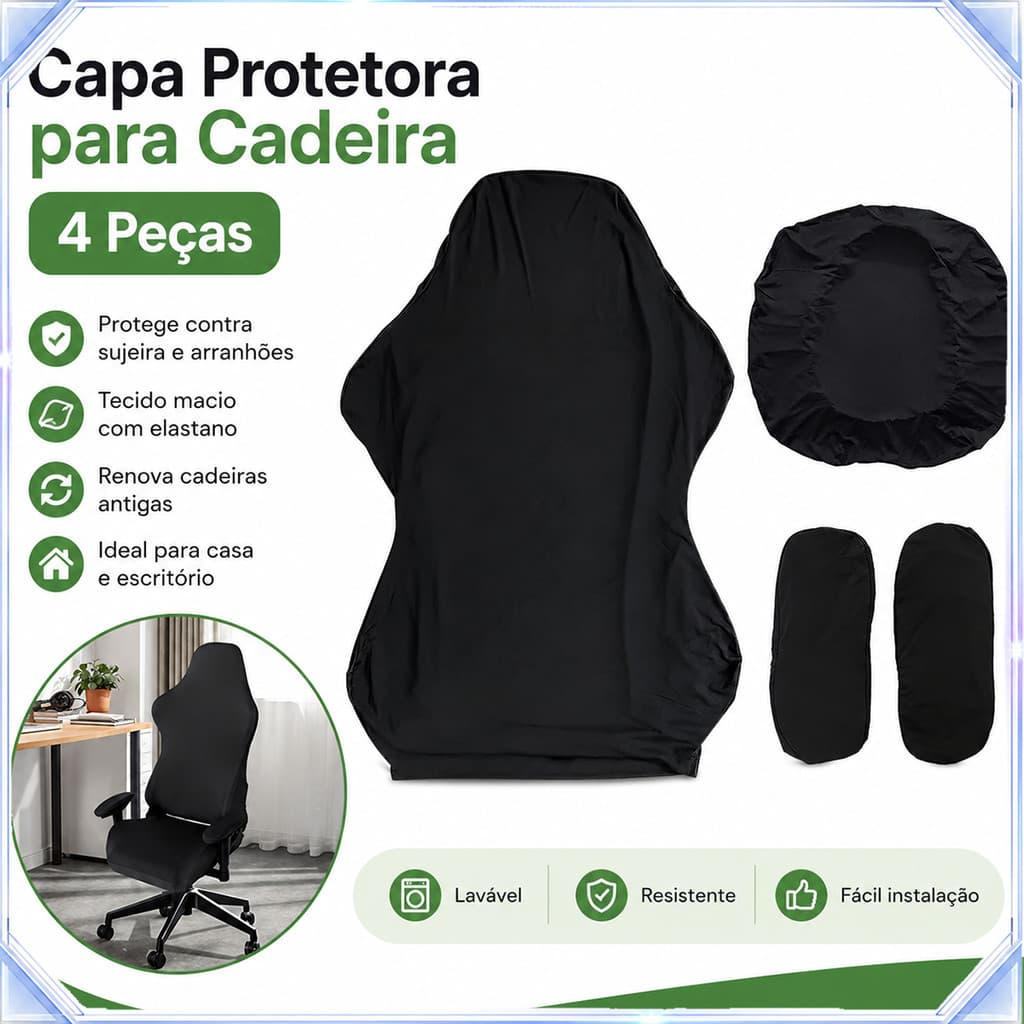 Conjunto 4 Capas para Cadeira Gamer, Assento, Encosto e Apoio Braço