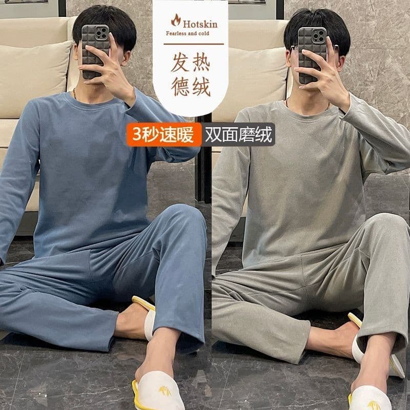 [JTZ] Pijama térmico com forro de lã masculino, pulôver de lã alemão com gola redonda, roupas masculinas, pijama térmico