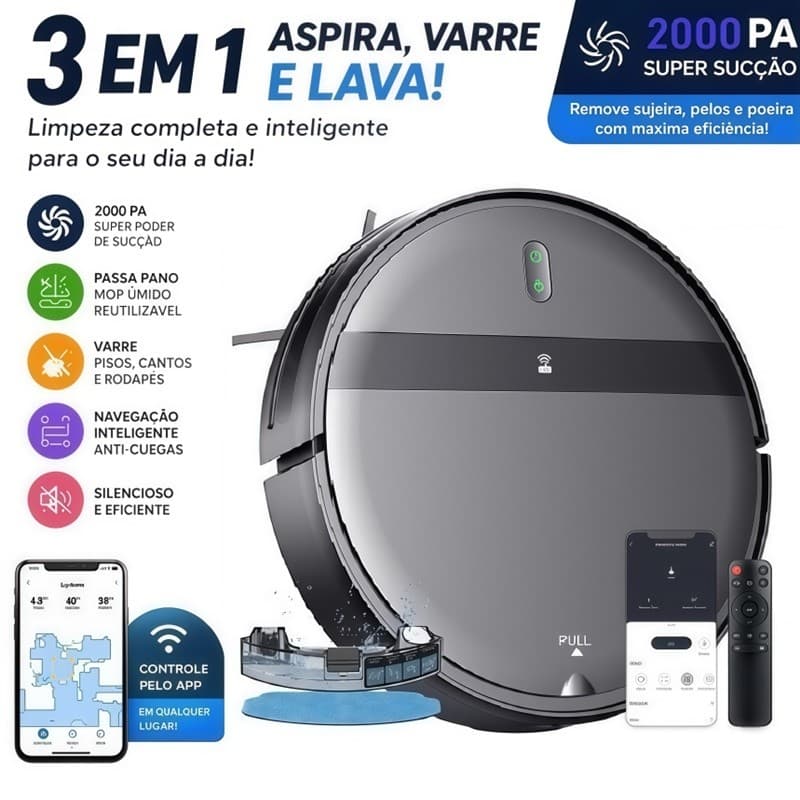 Aspirador de Pó Automático Limpeza Doméstico Sensores Anti- queda com Controle janoclick