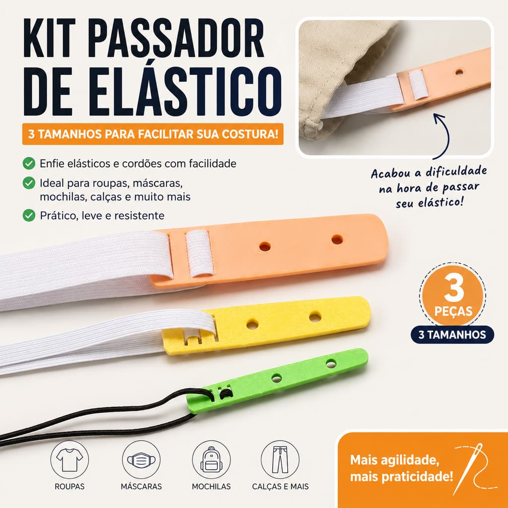 Kit passador de elastico e cordão em 3 tamanhos