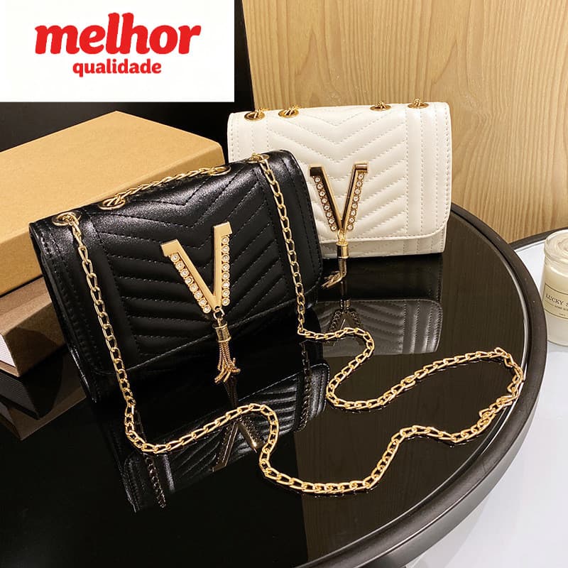 Bolsa quadrada pequena com corrente feminina PU couro macio bolsa de ombro Horizontal em forma de V com borla cravejada