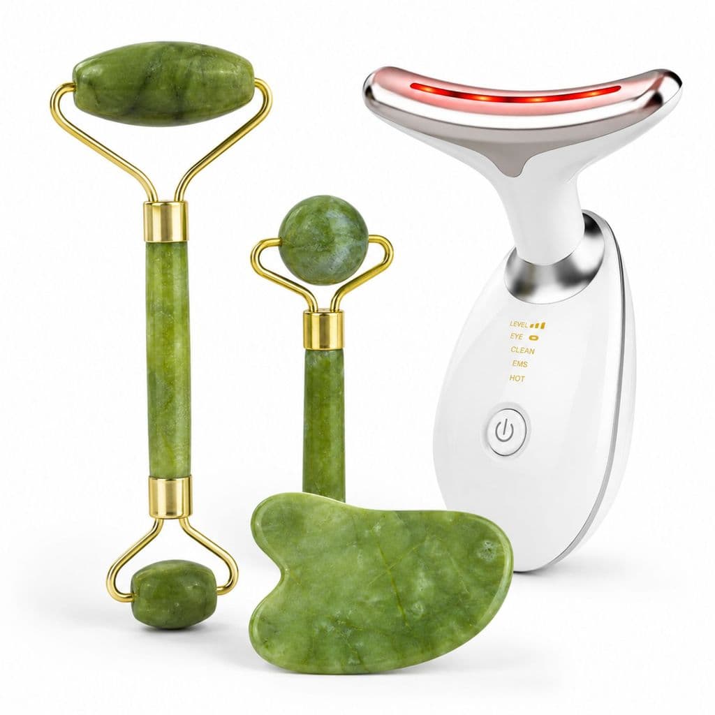Kit Jade Roller Gua Sha + Massageador Facial LED 7 Cores 3 em 1
