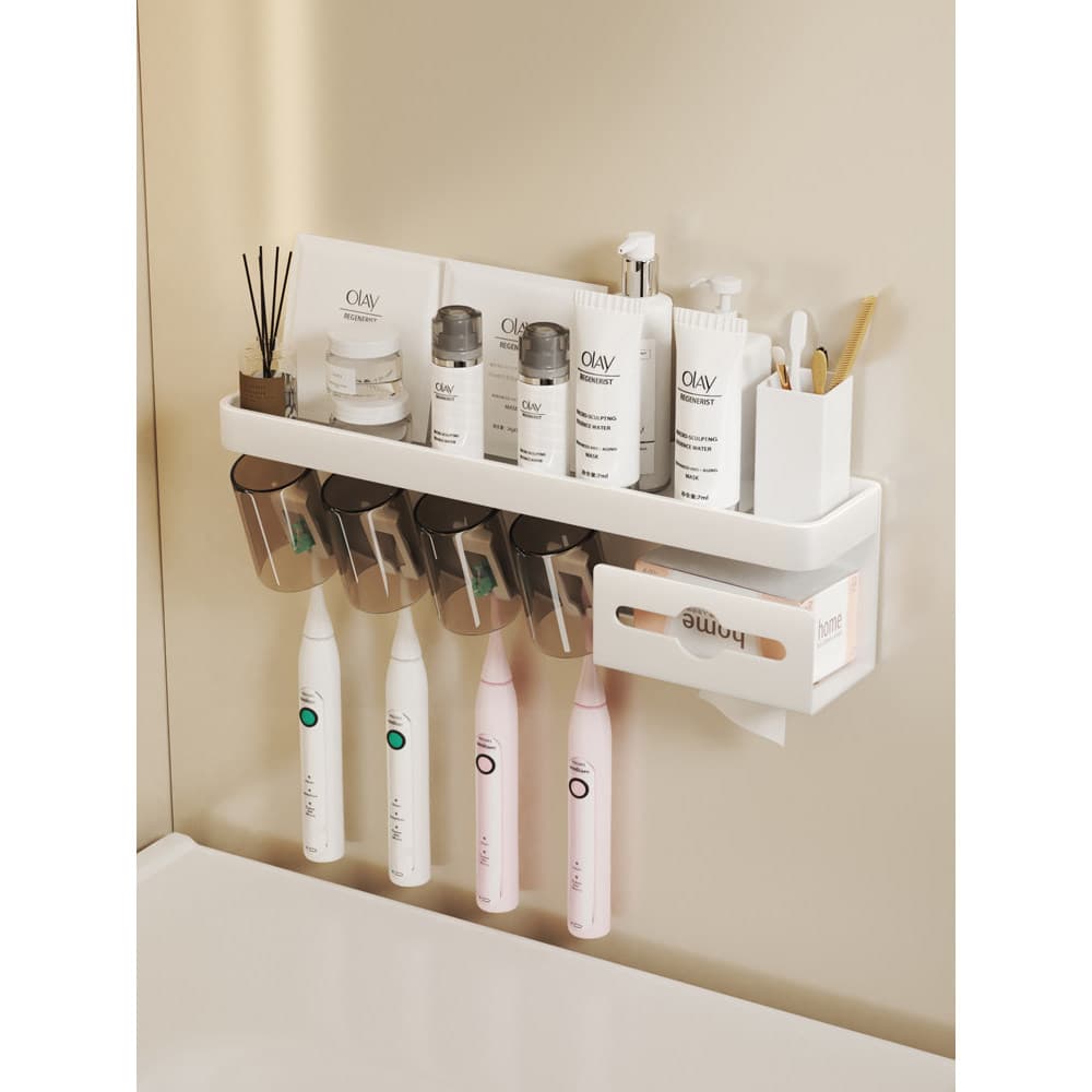 Rack de escova de dentes elétrica branco, sem perfuração, copo de enxaguatório bucal, toalha de rosto integrada, espaço