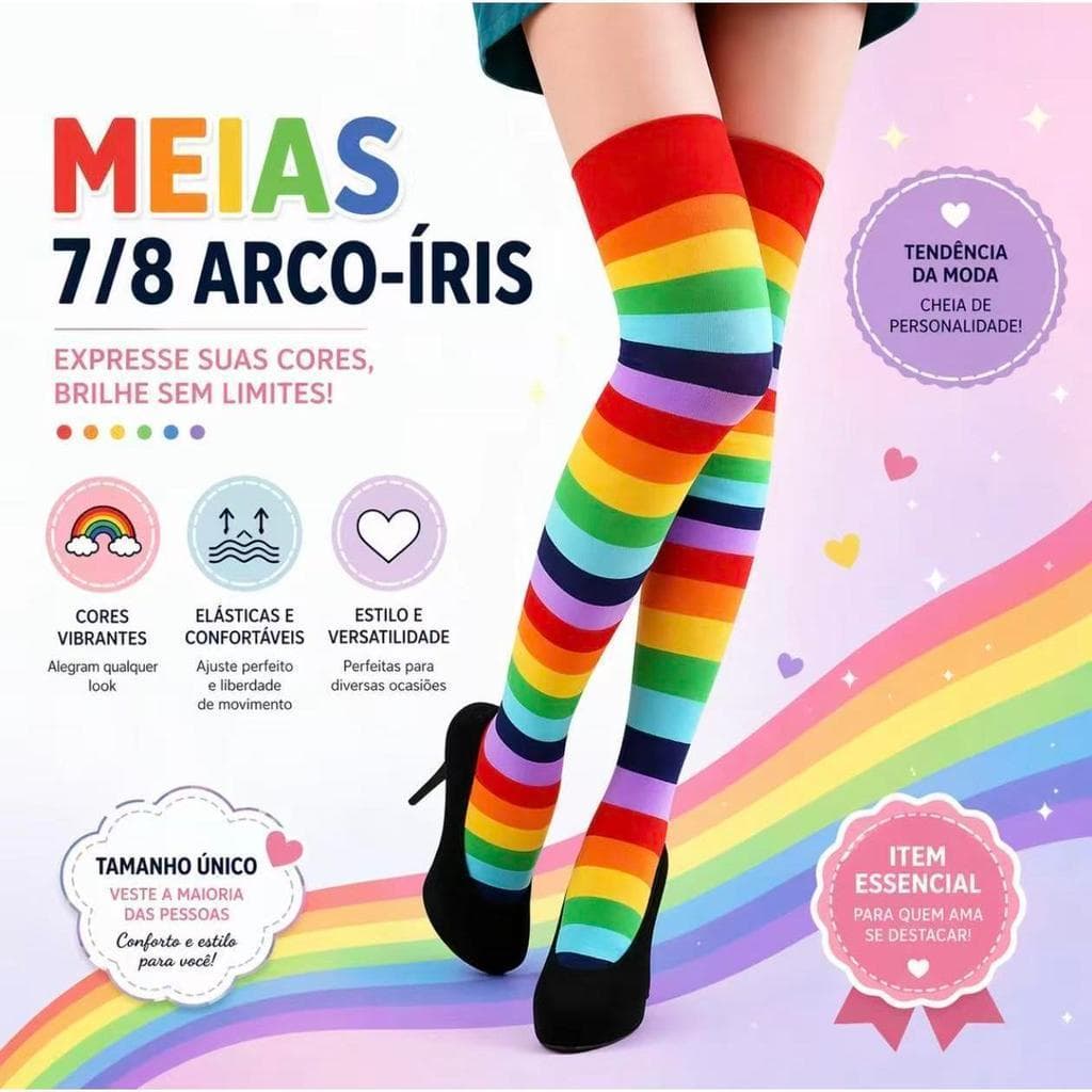 Meia 7/8 Feminina Listrada Colorida – Cano Alto Cosplay Anime Kawaii e Fantasia