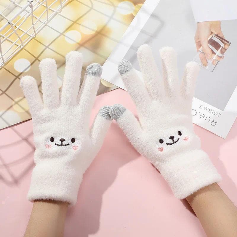 Kawaii Luvas Femininas Bonito Dos Desenhos Animados Bordado Smiley Urso Tela De Toque Outono Inverno Quente Feminino Lã